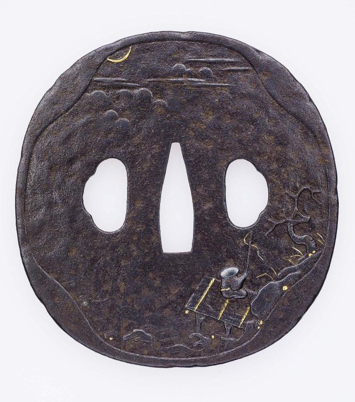 Tsuba with design of fisherman in a landscape