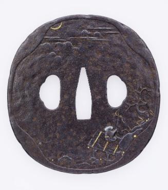 Tsuba with design of fisherman in a landscape