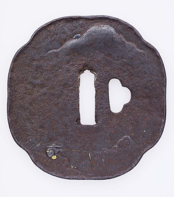 Tsuba with design of fisherman in a landscape