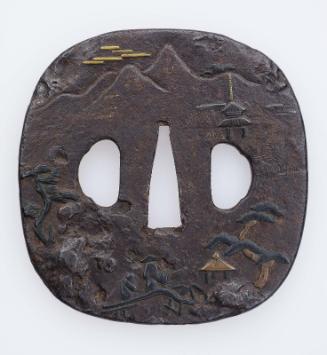 Tsuba with design of scholar and attendant crossing a bridge, in a landscape