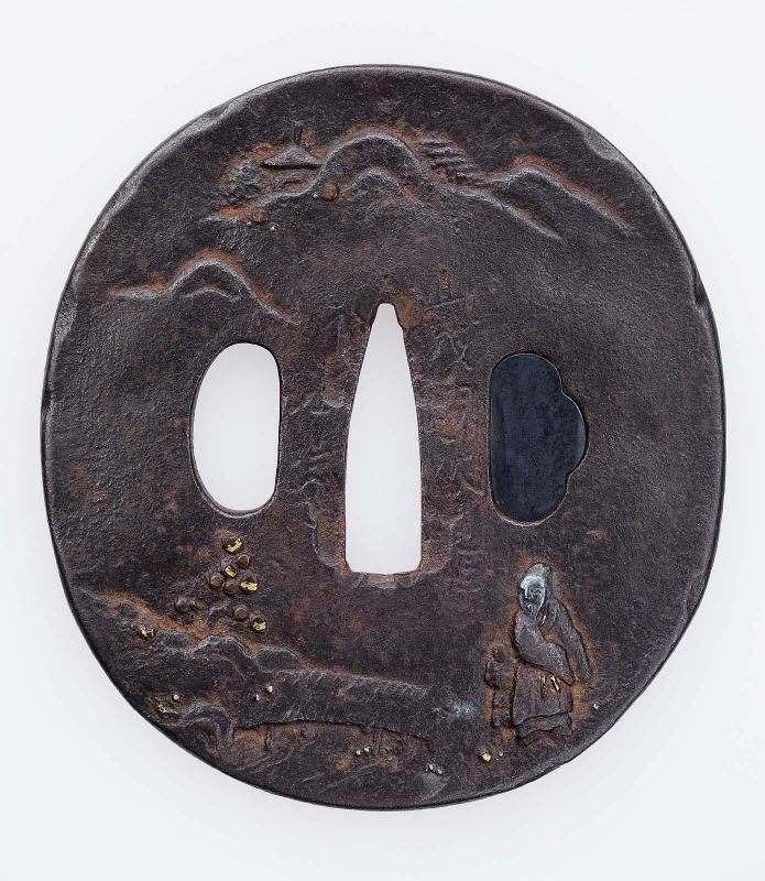 Tsuba with design of scholar and attendant in landscape