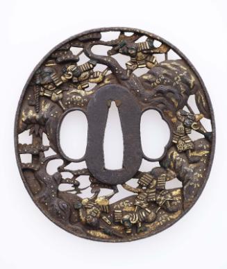 Tsuba with design of samurai in combat with pines and rocks