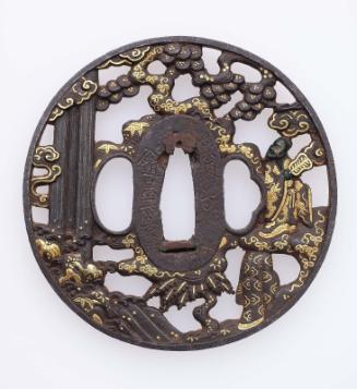 Tsuba with design of Chinese scholars in a landscape with a waterfall