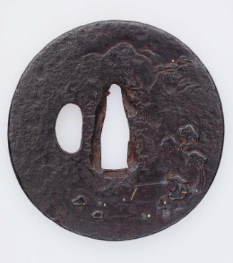 Tsuba with design of fisherman in a landscape