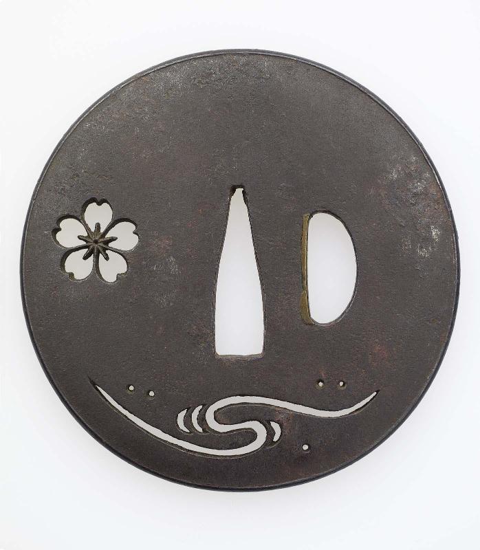 Tsuba with design of cherry-blossom and stream