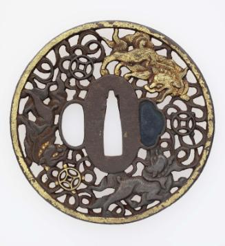 Tsuba with design of fabulous beasts, stylized jewels and foliage