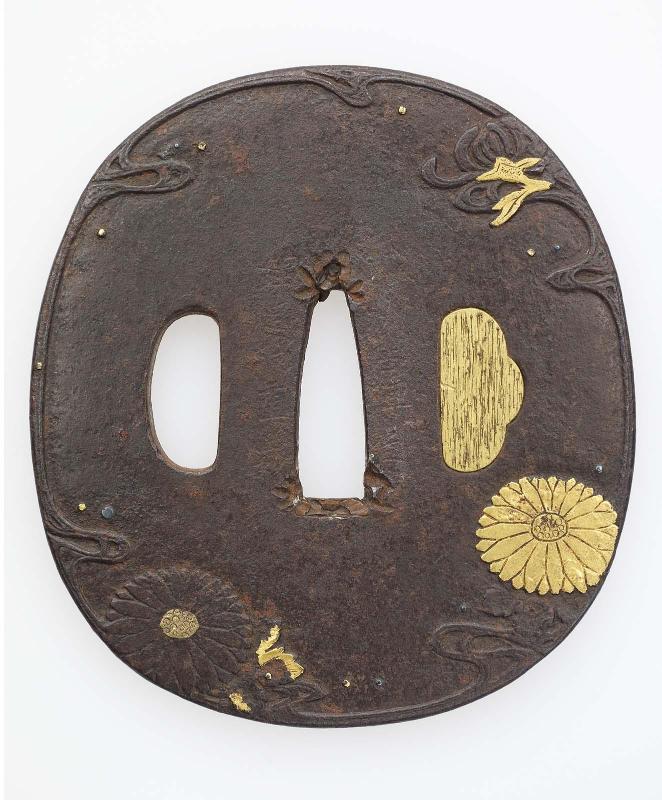 Tsuba with design of chrysanthemums and waves