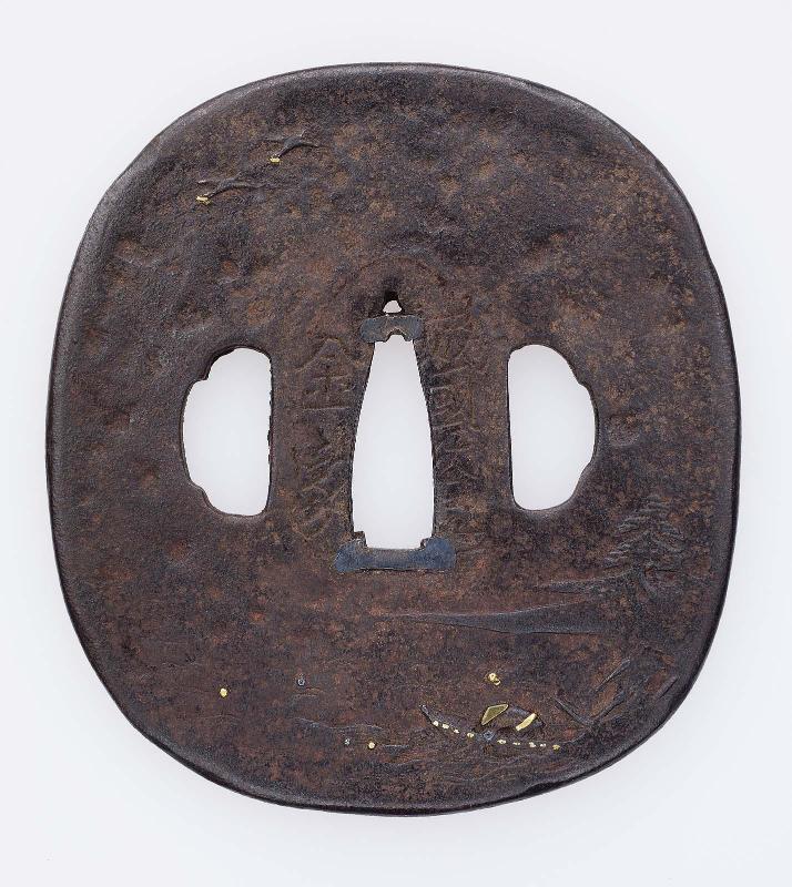 Tsuba with design of fisherman and boat in a landscape