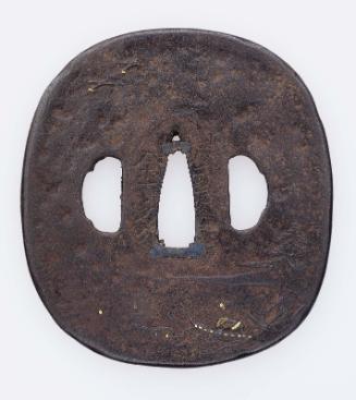 Tsuba with design of fisherman and boat in a landscape