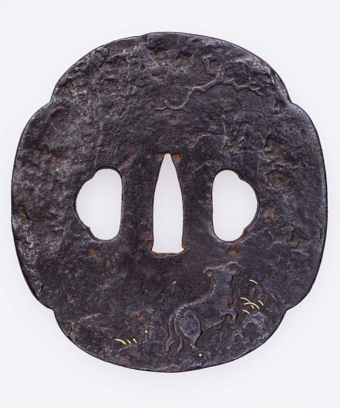 Tsuba with design of goat (?) in a landscape