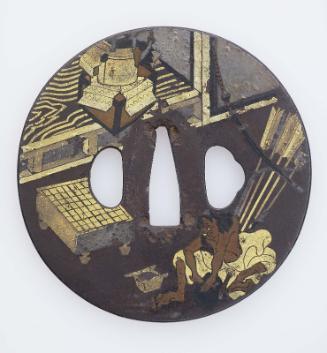 Tsuba with design of a squatting figure sharpening arrows