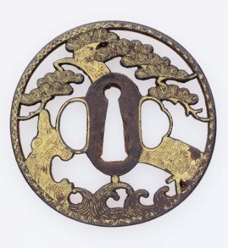 Tsuba with design of pine, bridge and waves