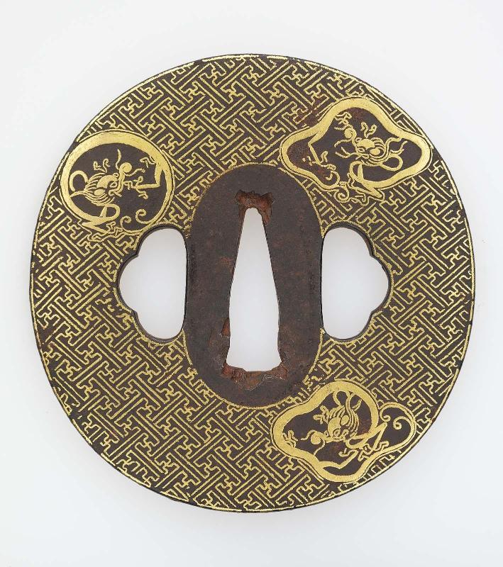 Tsuba with design of rain-dragon roundels and keyfret