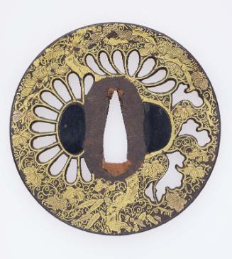 Tsuba with design of chrysanthemum, pine and bamboo grass