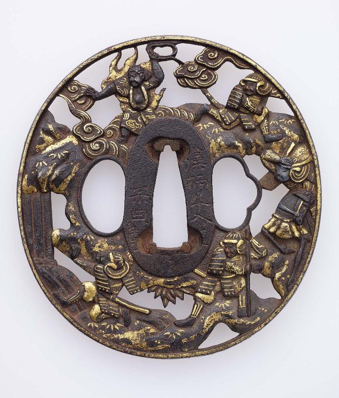 Tsuba with design of samurai fleeing from a Buddhist deity, in a landscape