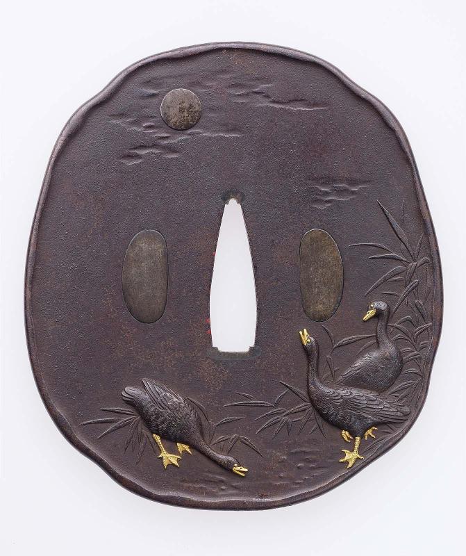 Tsuba with design of geese and moon