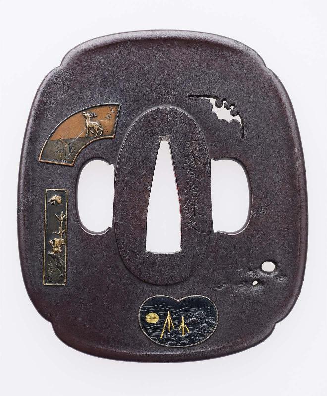 Tsuba with design of fan-shapes and plaques after designs by other artists