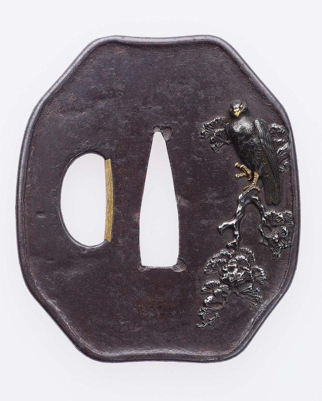 Tsuba with design of a hawk in a pine tree