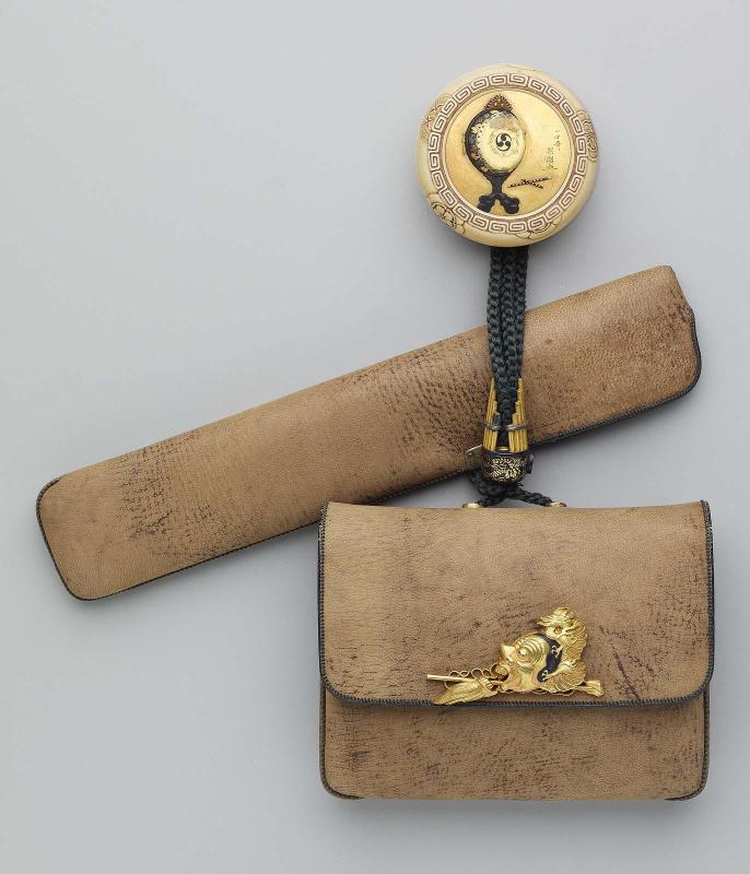 Tobacco-pouch and pipecase; kagami netsuke, kanamono and ojime in the form of musical instruments and mask for the Ranryo-o dance