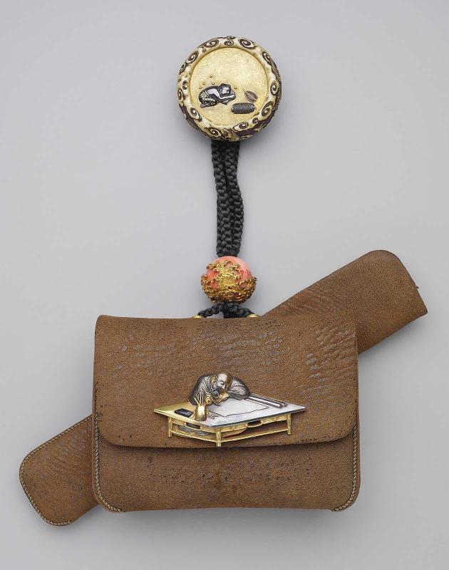 Tobacco-pouch (doran), pipecase (kiseru-zutsu), kagami netsuke and ojime; the kanamono with design of a man with spectacles sleeping over a scroll at a table