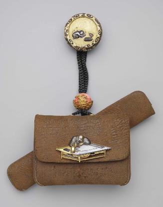 Tobacco-pouch (doran), pipecase (kiseru-zutsu), kagami netsuke and ojime; the kanamono with design of a man with spectacles sleeping over a scroll at a table