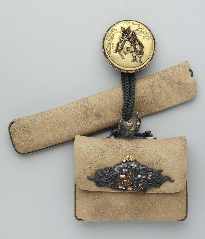 Tobacco-pouch and pipecase; kagami netsuke with samurai and attendant, kanamono in the form of a shishi and peony; ojime with butterflies and peonies
