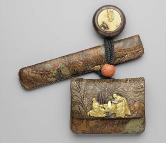 Tobacco-pouch and pipecase with embossed designs;  netsuke; kanamono; ojime