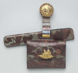 Tobacco-pouch; kagami netsuke; kanamono; inner plate with minogame, sake cup and distant palaces; leather pipe-case