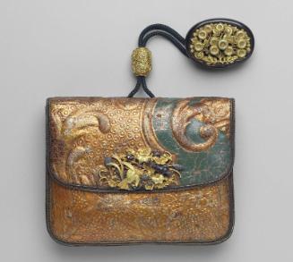 Tobacco-pouch; oval kagami netsuke with design of chrysanthemums; ojime with design of mantis, bird and plants; kanamono in the form of a hawk attacking another bird, sparrows and autumn plants; inner plate with butterfly and plants