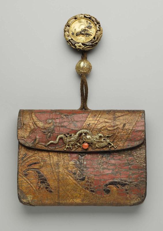 Tobacco-pouch; kagami netsuke; ojime; kanamono; inner plate with Fujiwara no Kamatari recovering his jewel from the Dragon King of the Sea