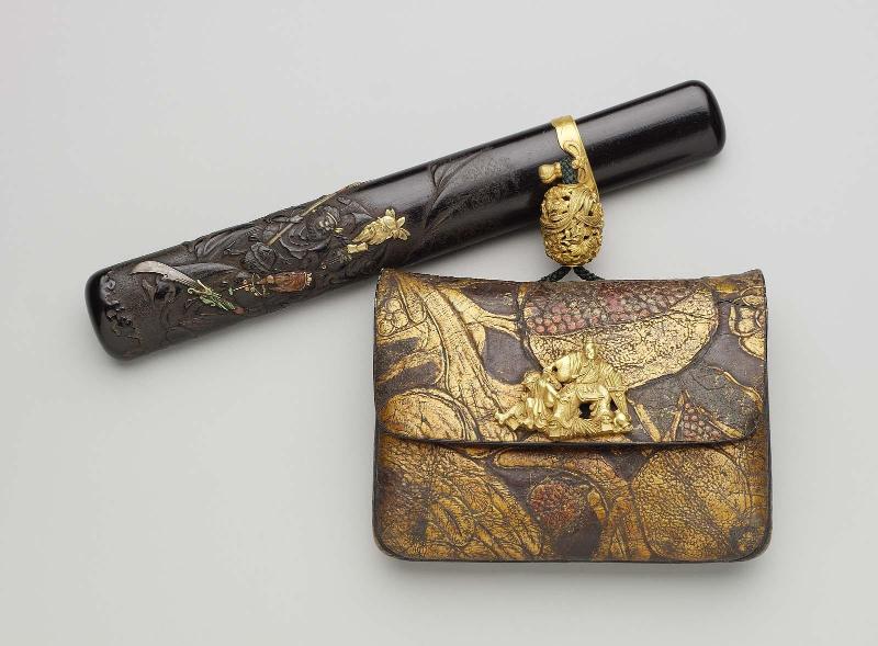Tobacco-pouch with embossed designs; pipecase with design of the Three Heroes of Shoku (Shu), from the Sangokushi (Sanguozhi); kanamono in the form of Tadamori capturing the oil thief; ojime with ho-o and kiri designs