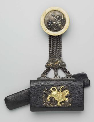 Tobacco-pouch; kagami netsuke with design of a rakan and attendant; kanamono in the form of a tiger and bamboo; chain with fitting with design of Raijin, dragon and clouds; leather pipecase