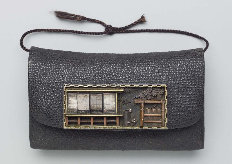 Tobacco-pouch; kanamono in the form of a house with sliding shoji; inner plate with tea-ceremony utensils
