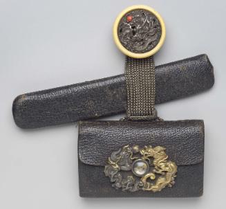 Tobacco-pouch; kagami netsuke with design of dragon and pearl; silver chain with fitting with design of waves and spray; kanamono in the form of two dragons with pearls, one pearl of crystal with palace buildings; leather pipe-case