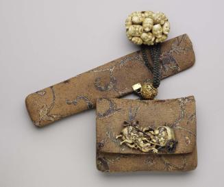 Tobacco-pouch and pipecase with floral designs; kanamono in the form of Shokatsuryo or Gomo (Zhuge Liang or Wu Meng) riding in a chariot with a dragon and a mounted escort