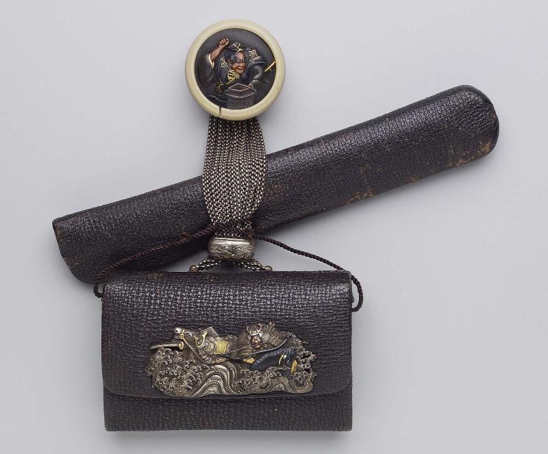 Tobacco-pouch and pipecase; kagami netsuke with design of a samurai holding an offering on a sanpodai; kanamono with design of the race across the Uji River; ojime with design of waves and arrows; silver chains