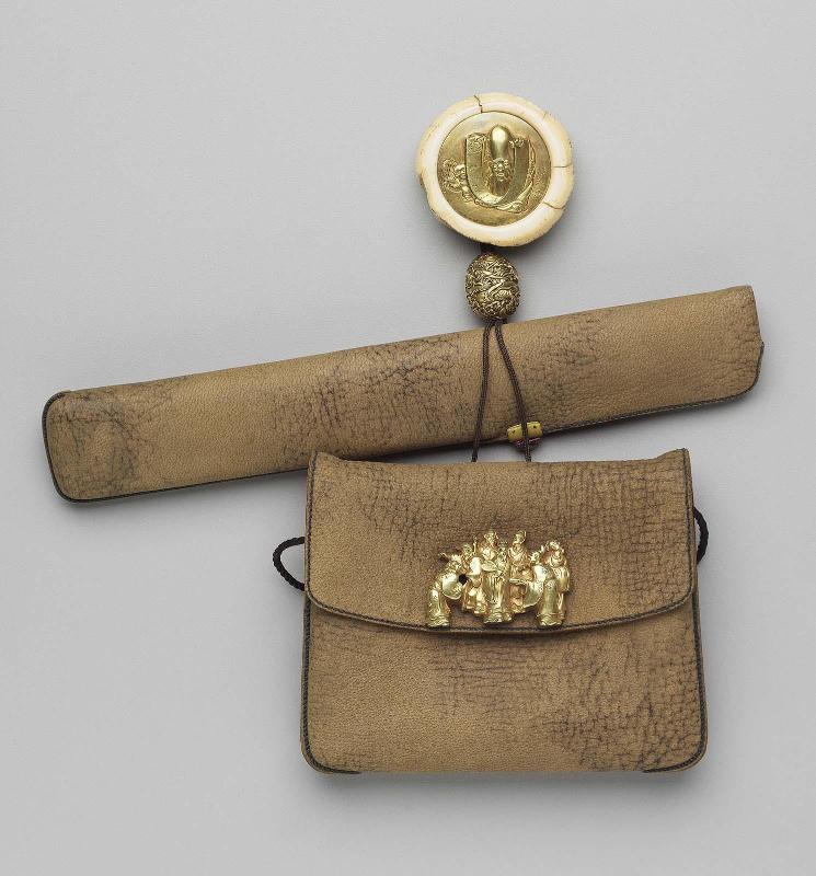 Tobacco-pouch; kagami netsuke; ojime; kanamono; inner plate with design of two Chinese boy attendants, and bamboo; leather pipe-case