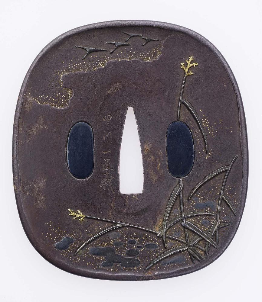 Tsuba with design of moon and goose in flight