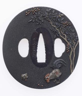 Tsuba with design of hen and chicks beneath a flowering shrub