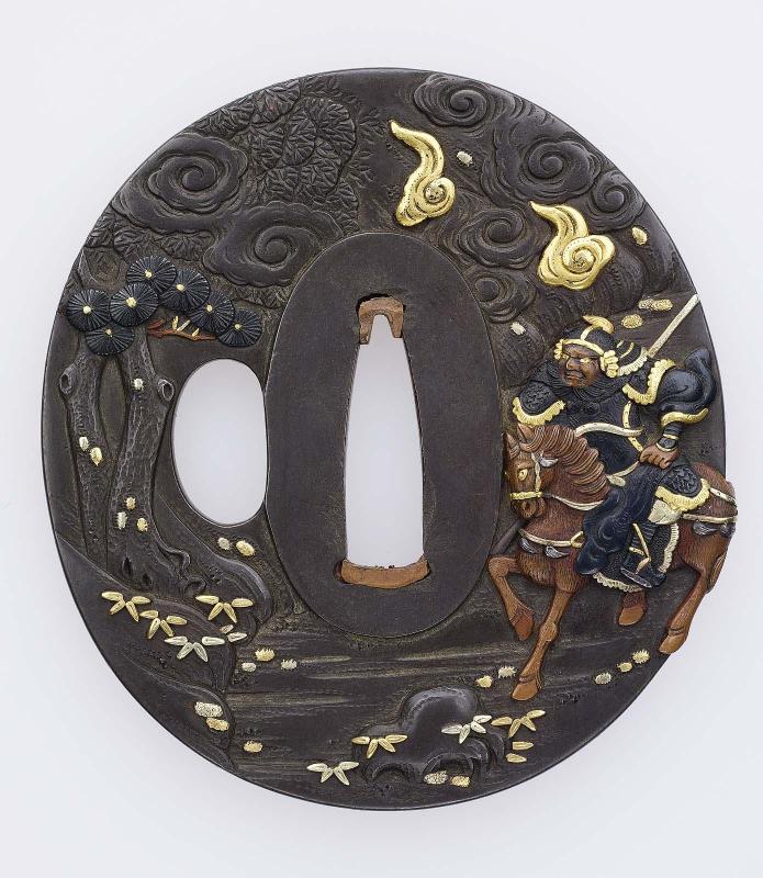 Tsuba with design of Kan'u (Guanyu) on horseback, from the Sangokushi (Sanguozhi)