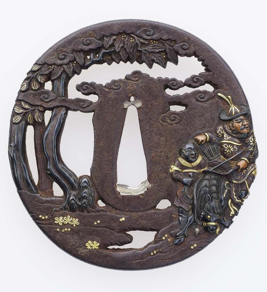 Tsuba with design of Mongol archer, attendant and dog