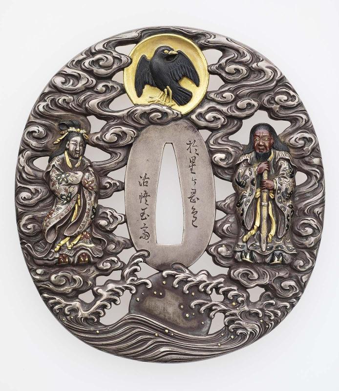 Tsuba with design of Izanami and Izanagi, crow in sun and hare in moon, with clouds and waves
