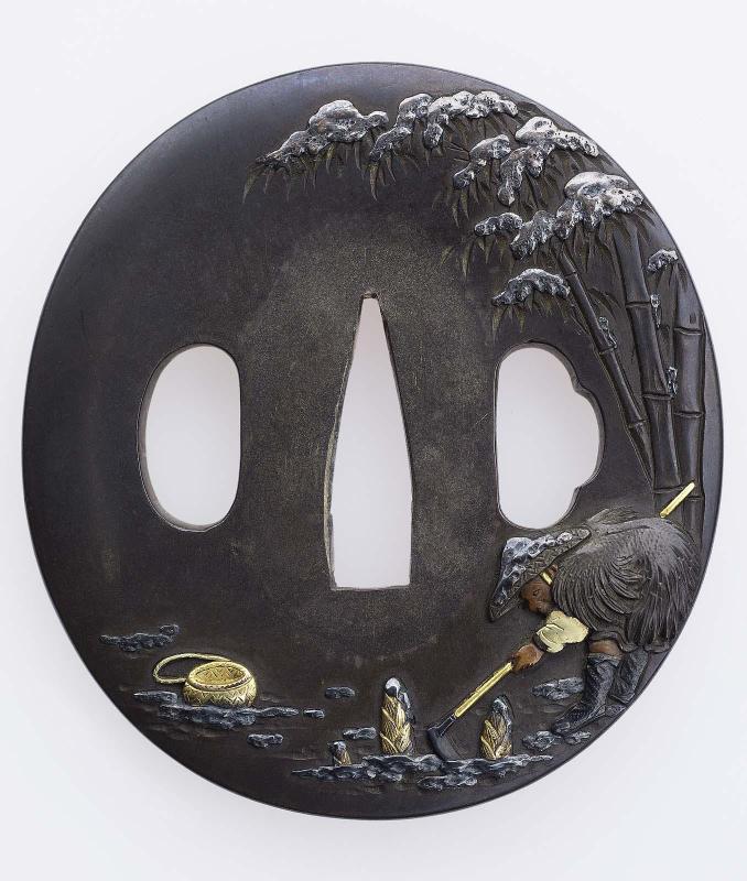 Tsuba with design of Moso gathering bamboo shoots