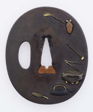 Tsuba with design of tea utensils