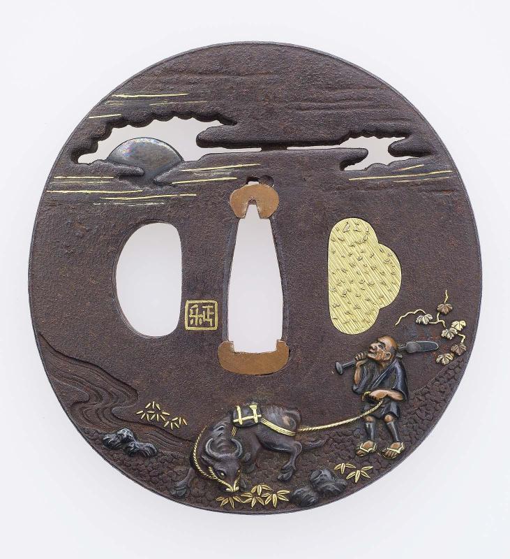 Tsuba with design of landscape with farmer and ox
