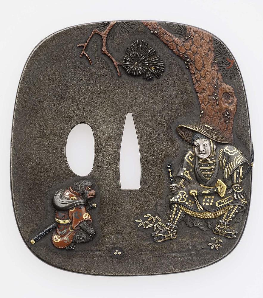 Tsuba with design of Momotaro and animal soldiers