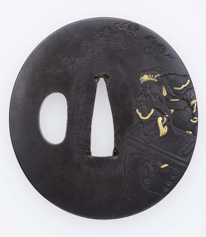 Tsuba with design of Kan'u (Guan Yu) sitting at a table