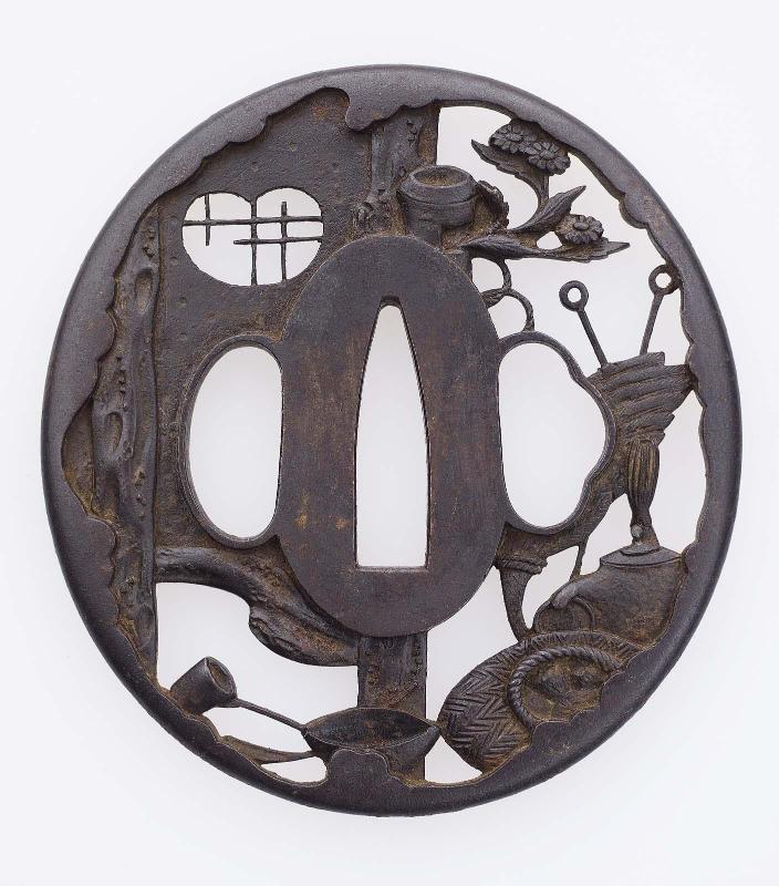 Tsuba with design of teahouse and tea utensils