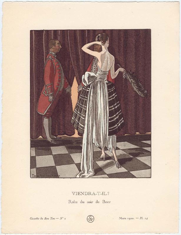 "Viendra-t-il? - Robe du soir de Beer," plate 14 from Gazette du Bon Ton, Volume 1, No. 2
