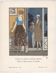 "Vous Ne Serez Jamais Prêts - Tailleur et Robe de dîners, de Dœuillet," plate 22 from Gazette du Bon Ton, Volume 1, No. 3